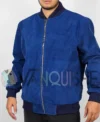 Blue Suede Bomber Jacket left clsoe