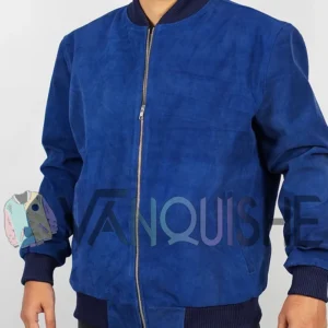 Blue Suede Bomber Jacket left clsoe
