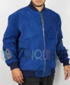 Blue Suede Bomber Jacket right close