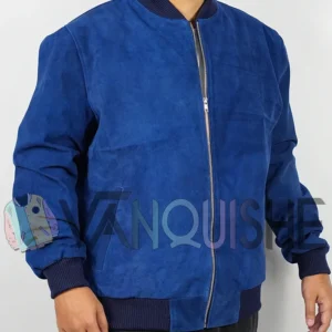 Blue Suede Bomber Jacket right close