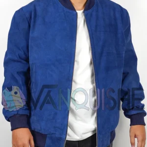 Blue Suede Bomber Jacket right open
