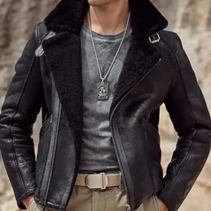 Brian Distressed Black Flight Aviator Shearling Fur Leather Jacket Sale