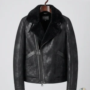Brian Distressed Black Shearling Leather Jacket Front Look