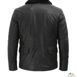 David Buttoned Closure Black Shearling Leather Jacket Back Side