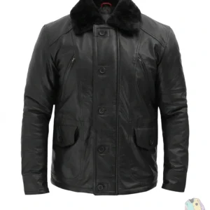 David Buttoned Closure Black Shearling Leather Jacket For Men