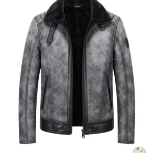 Distressed black belted shearling biker jacket front look
