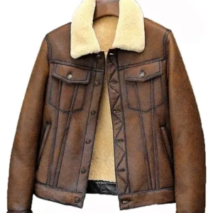 Jacob Real Shearling Fur Brown Warm Trucker Leather Jacket