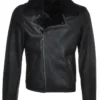 Men All Black Asymmetrical Zipper Leather Jacket