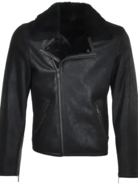 Men All Black Asymmetrical Zipper Leather Jacket