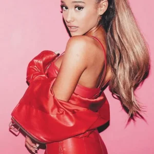Men And Women Ariana Grande Red Cropped Belted Real Leather Jacket