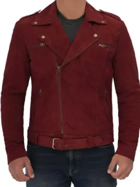 Men Biker Suede Leather Maroon Jacket