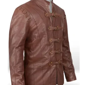 Men Erect Collar Cross Lace Brown Belted Genuine Leather Jacket