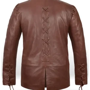 Men Erect Collar Cross Lace Brown Belted Genuine Leather Jacket Sale