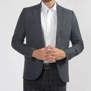 Men Single Breasted Textured Gray Notched Collar Blazer Front
