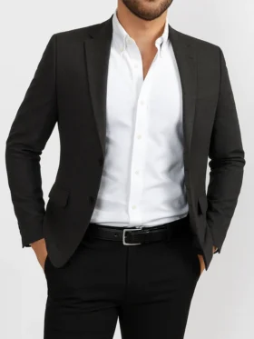 Men Textured Black Single Breasted Classic Dinner Blazer front