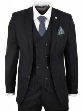 Mens 1920 Classic Single Breasted Black Pinstripe Prom Suit Front