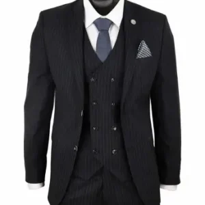 Mens 1920 Classic Single Breasted Black Pinstripe Prom Suit Front