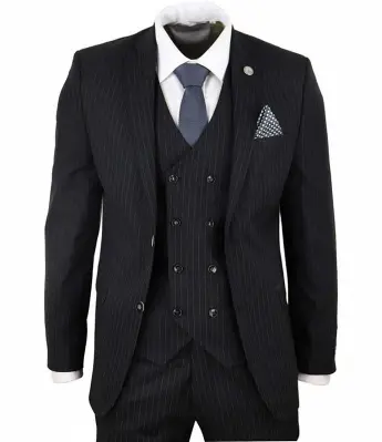 Mens-1920-Classic-Single-Breasted-Black-Pinstripe-Prom-Suit-Front