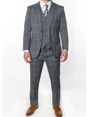Mens 3 Piece Slim Fit Checked Grey Executive Prom Suit For Men
