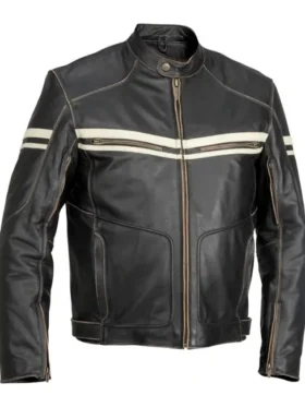 Mens 6 Pockets Vintage Biker White Stripe Jacket