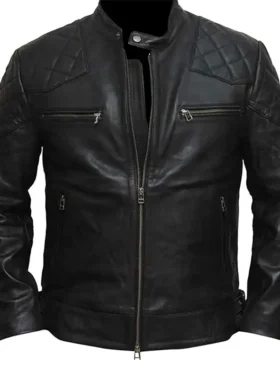 Mens 80s Style Vintage Biker Quilted Leather Jacket front