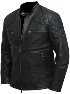 Mens 80s Style Vintage Biker Quilted Leather Jacket left