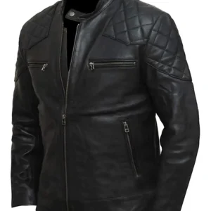 Mens 80s Style Vintage Biker Quilted Leather Jacket left