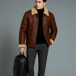 Mens B3 Bomber Aviator Shearling Fur Leather Brown Jacket front