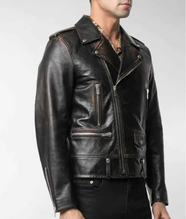 Mens Biker Black Distressed Leather Jacket