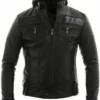 Mens Biker Detachable Hood Leather Jacket For Men