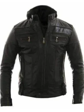 Mens Biker Detachable Hood Leather Jacket For Men
