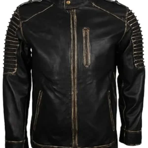Mens Biker Quilted Black Hoodie Real Leather Jacket