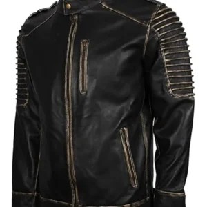 Mens Biker Quilted Black Hoodie Real Leather Jacket For Sale