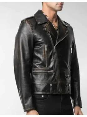 Mens Black Asymmetrical Zipper Vegan Biker Distressed Real Leather Jacket