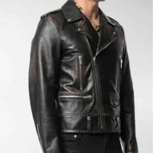 Mens Black Asymmetrical Zipper Vegan Biker Distressed Real Leather Jacket