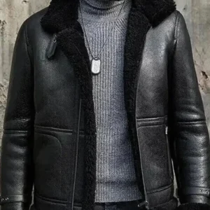 Mens Black B3 Bomber Warm Shearling Fur Leather Jacket