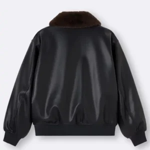 Mens Black Bomber Brown PU Fur Collar Genuine Leather Jacket