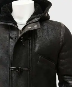 Mens Black Genuine Leather Duffle Coat With Hood