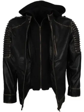 Mens Black Hoodie Biker Leather Jacket