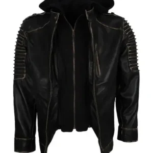Mens Black Hoodie Biker Leather Jacket
