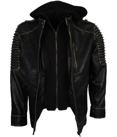 Mens Black Hoodie Biker Leather Jacket