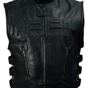 Mens Black Leather White Skeleton Logo Vest