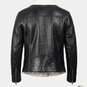 Men's Black Real Leather Jacket with White Shearling Fur Collar Back