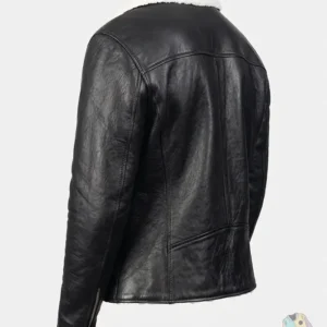 Men's Black Real Leather Jacket with White Shearling Fur Collar Side Post