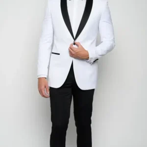 Mens Black Shawl Lapel Single Breasted White Suiting Fabric Tuxedo Suit Sale
