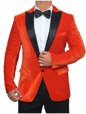 Mens Black and Orange Single Breasted Velvet Blazer Tuxedo Jacket