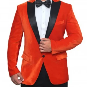 Mens Black and Orange Single Breasted Velvet Blazer Tuxedo Jacket