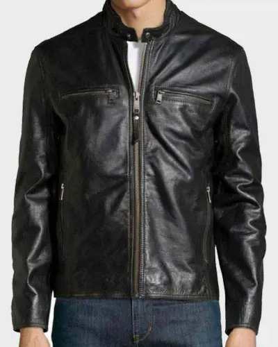 Mens Blank Black Plain Cafe Racer Leather Jacket