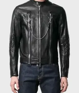 Mens Cafe Racer Two Zip At Front Black Leather Jacket