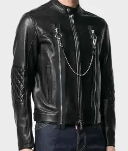 Mens Cafe Racer Two Zip At Front Black Leather Jacket sale